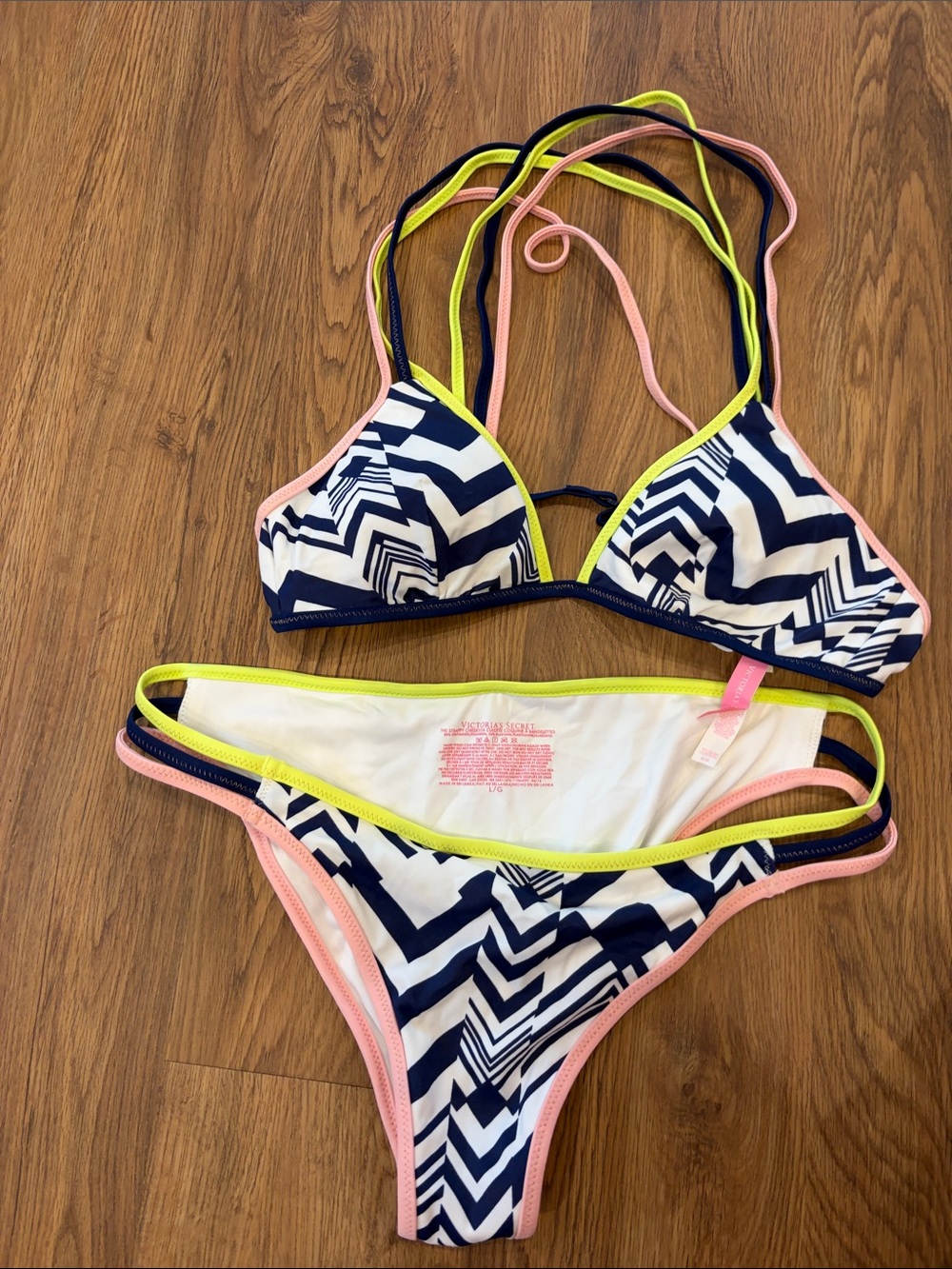 Victoria's Secret Navy Chevron Bikini with Pink & Neon Yellow Trim